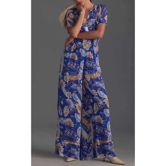 Anthropologie Women's Somerset Jumpsuit Chiffon Wide Leg Floral Print Blue XS - Picture 1 of 12